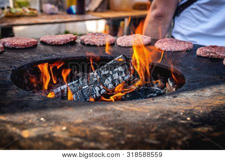 Closeup Of Grilled Burger Cutlets. Burger Barbeque. Bbq, Grilling, Fire.