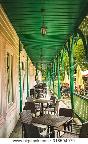 Iwonicz Zdroj, Poland - 13.08.2019: Old Town In Poland Iwonicz Zdroj. View At Old Wooden Restaurant.