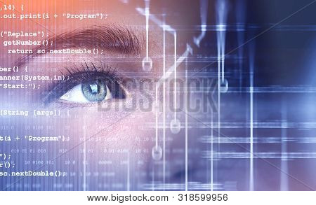 Face Of Beautiful Young Woman With Double Exposure Of Lines Of Code. Concept Of Programming And Arti