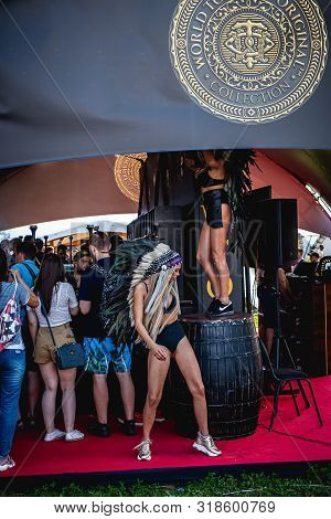 Moscow, Russia - July 27, 2019: Go Go Dance Outdoor. Young And Sexy Woman At Johncalliano Hookah Fes