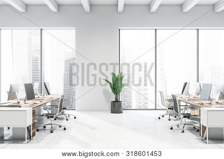 Side View Of Modern White Open Space Office