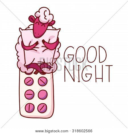 Cute Sleeping Sheep, Vector Illustration. Poster About Sleep. The Concept Of Trying To Sleep, Counti