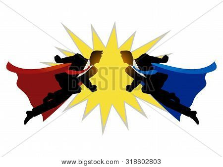 Silhouette Of Two Super Businessmen Clashing On The Air. Concept For Competition In Business