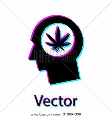 Black Silhouette Of Male Head In Profile With Marijuana Or Cannabis Leaf Icon Isolated On White Back