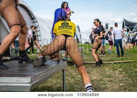 Moscow, Russia - July 27, 2019: Go Go Dance Outdoor. Young And Sexy Woman At Johncalliano Hookah Fes