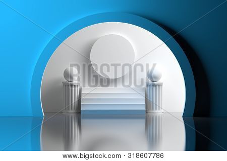Composition With Pillars, Spheres And Stairs Located Indoor Over Mirror Reflective Surface. 3d Illus