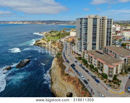 Aerial View Of La Jolla Cove, Small Picturesque Cove And Beach Surrounded By Cliffs, San Diego, Cali