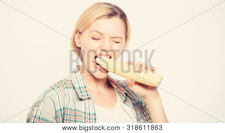Strong Teeth Of Woman Bite Raw Corn. Healthy Teeth. Farming, Farmer Girl With Maize. Agriculture And