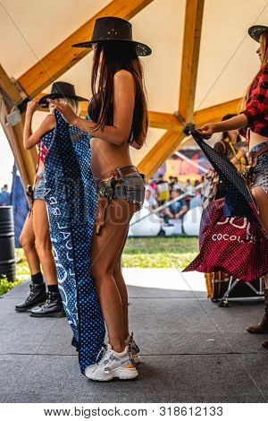 Moscow, Russia - July 27, 2019: Go Go Dance Outdoor. Young And Sexy Woman At Johncalliano Hookah Fes