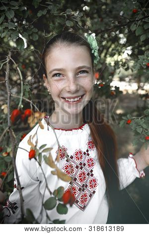 Ukraine, Pokrov - August 23, 2019: National Flag Day Celebration. Portrait Of Pretty Smiling Girl In
