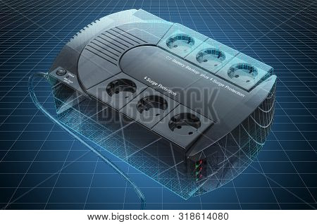 Visualization 3d Cad Model Of Uninterruptible Power Supply, Blueprint. 3d Rendering
