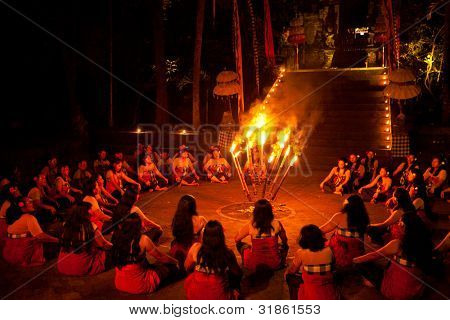 BALI, Indonesien - APRIL 4: Præsentation af traditionelle balinesiske kvinder Kecak brand dans på April 4, 2