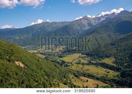 Beautiful View Of Small Village And High Mountains In Upper Svaneti, Georgia.