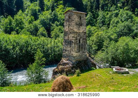 The Medieval Svan Love Tower On Enguri River, Kala Village, Samegrelo-zemo Svaneti, Georgia.