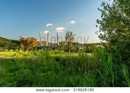 Aramchangyo Bridge Designed By Sk E&c Near Sejong City In South Korea Under Blue Partly Cloudy Sky.