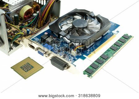 Computer Equipment Realistic Cpu Ram Graphics Card And Power Supply At White Background