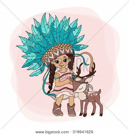 Lovely Pocahontas Indians Princess American Native Red Skinned Deer Animal Vector Illustration Set F