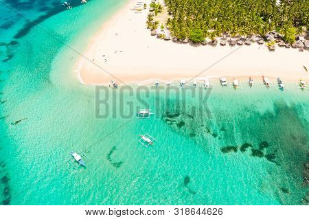Beautiful Tropical Island In Sunny Weather, View From Above. Daco Island, Philippines. White Sandy B