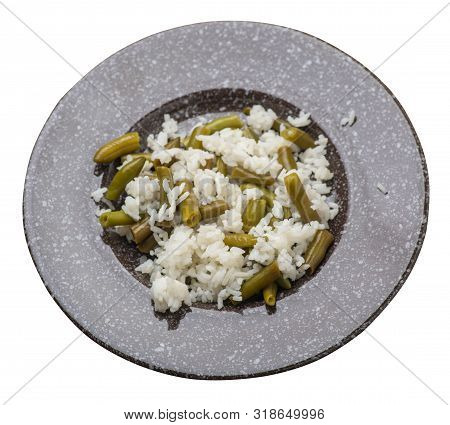 Rice With Asparagus Beans On A Brown With Murble Crumb Plate Isolated On White Background .healthy F