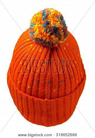 Knitted Orange Hat Isolated On White Background.hat With Pompon Back View.