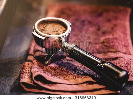 Espresso Machine Brewing A Coffee. Coffee Pouring Into Glasses In Coffee Shop, Espresso Pouring From