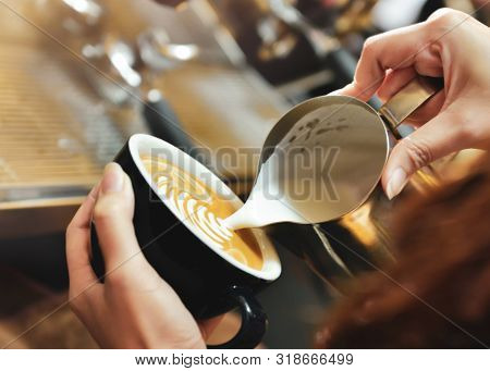 Espresso Machine Brewing A Coffee. Coffee Pouring Into Glasses In Coffee Shop, Espresso Pouring From