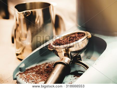 Espresso Machine Brewing A Coffee. Coffee Pouring Into Glasses In Coffee Shop, Espresso Pouring From