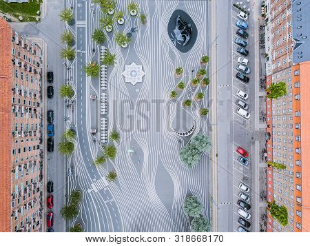 Copenhagen, Denmark - August 23, 2019: Aerial Drone View Of Superkilen Park In Norrebro District. De