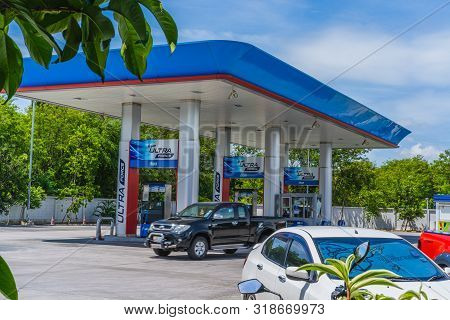 Chonburi, 15 July 2018: Ptt Gasp Station In Chonburi With Blue Sky, Thailand. Ptt Is Largest Oil Com