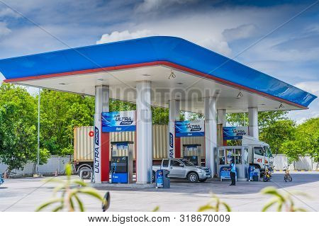 Chonburi, 15 July 2018: Ptt Gasp Station In Chonburi With Blue Sky, Thailand. Ptt Is Largest Oil Com