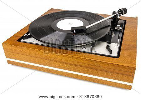 Vintage Turntable Vinyl Record Player Isolated On White. Wooden Plinth. Retro Audio Equipment.