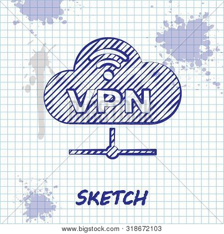Sketch Line Vpn Network Cloud Connection Icon Isolated On White Background. Social Technology. Cloud