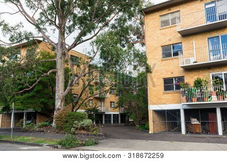 Melbourne, Australia - June 9, 2019: Brick Low-rise Apartment Building In Oshanassy Street, A Wide R