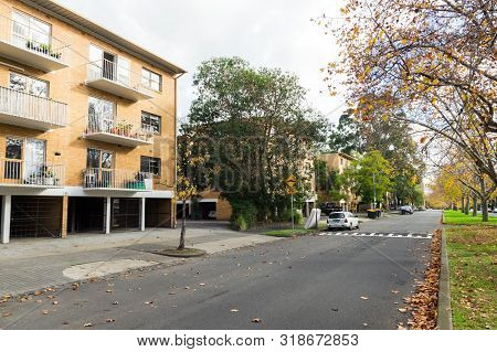 Melbourne, Australia - June 9, 2019: Brick Low-rise Apartment Building In Oshanassy Street, A Wide R