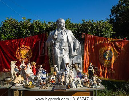 Krasnodar, Russia - August 1, 2019: Monuments, Busts And Coats Of Arms Depicting Lenin. Vladimir Len