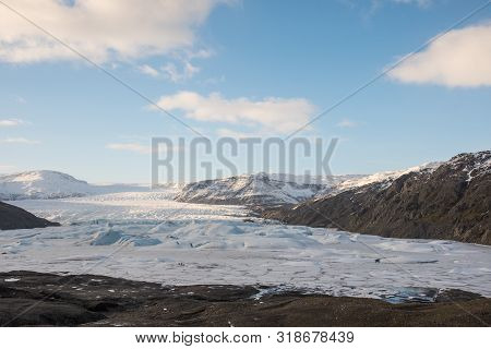 Hoffellsjokull Glacier And Lagoon In South Iceland On A Sunny Winter Day