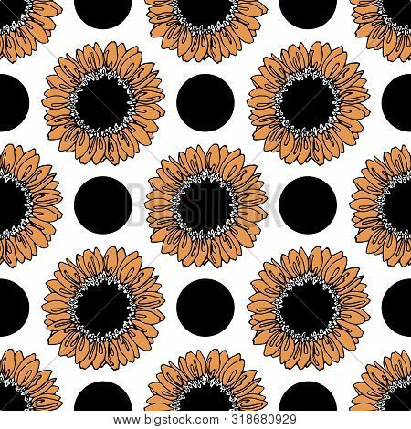 Seamless Pattern With Hand Drawed Sunflawer Polka Dot