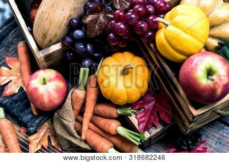 Autumn And Fall Season. Harvest Cornucopia And Thanksgiving Day Concept With Fruit And Vegetable.