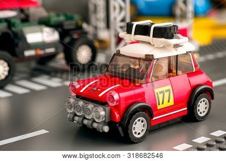 Tambov, Russian Federation - August 18, 2019 Lego 1967 Mini Cooper S Rally Car By Lego Speed Champio