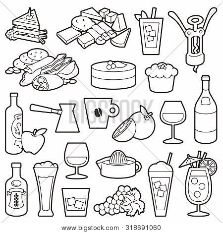Set Of Bistro And Restaurant Menu Line-art Icons.