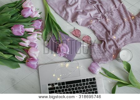 Flat Lay Canddle Laptop Plaid, Pink Tulips White Surface.