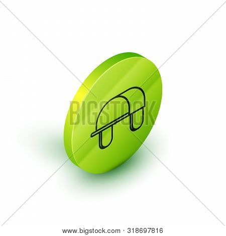 Isometric Line Hunter Hat Icon Isolated On White Background. Plaid Winter Hat. Green Circle Button. 