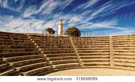 Ancient Ruins Of Kourion City Near Pathos And Limassol, Cyprus. Lighthouse And Theater Under The Blu