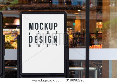 Mockup Advertising Board In Front  Of Supermarket. Mock Up Billboard For Your Text Messege Or Mock U