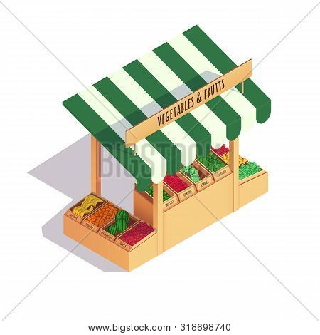 Vegetables Shop On The Market. Natural Organic Products: Bananas, Watermelons, Tomatoes, Apples, Cab