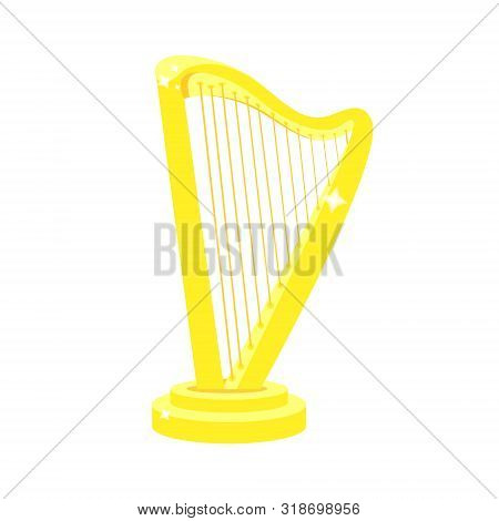 Golden Shiny Standing Harp. Gold Harp. Modern Flat Cartoons Style Vector Illustration Icons. Isolate