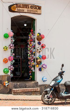 Mongui, Colombia - August, 2019: Traditional Factories And Stores Of Soccer Balls At The Beautiful S