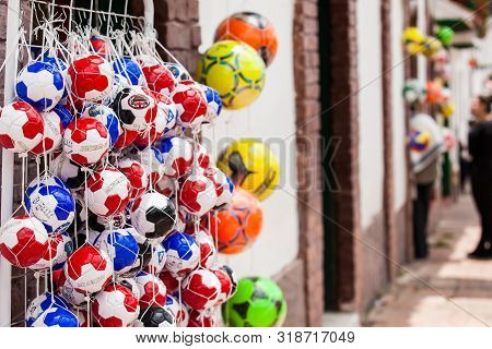 Mongui, Colombia - August, 2019: Traditional Factories And Stores Of Soccer Balls At The Beautiful S