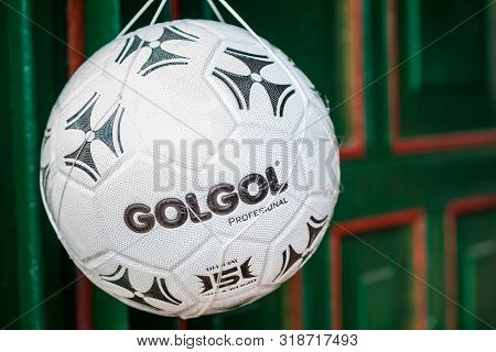 Mongui, Colombia - August, 2019: Traditional Factories And Stores Of Soccer Balls At The Beautiful S