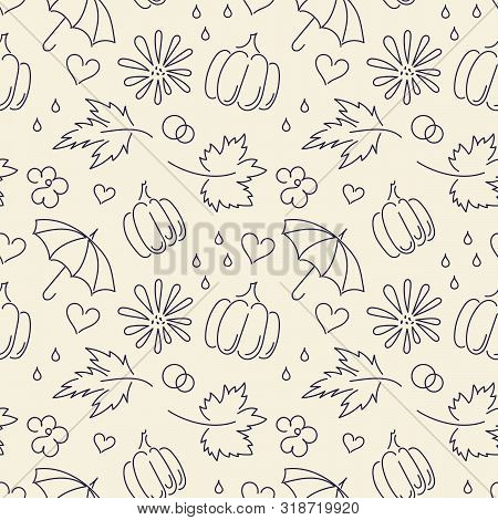 Autumn. Fall. Cute Vector Seamless Pattern With Autumn Maple Leaves, Pumpkins, Umbrellas.